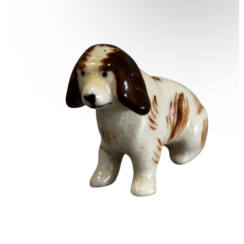 Vintage Porcelain Mini Puppy Figurine Dog Brown White Spot Trinket Gift Decor